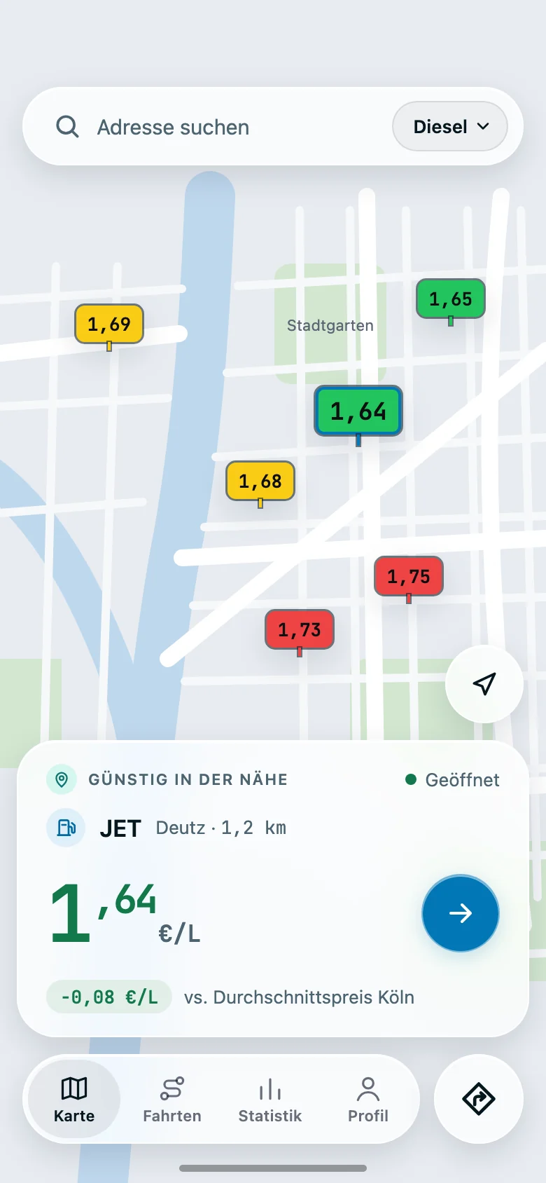 Die Whyp-Karte in Köln. Tankstellen erscheinen als Preis-Pins in Grün, Gelb und Rot. Die günstigste in der Nähe, JET in Deutz mit 1,64 € pro Liter Diesel, ist ausgewählt; eine Karte zeigt 0,08 € unter dem Kölner Durchschnittspreis.